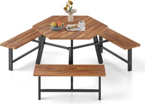 Conjunto de mesa e bancos para 6 pessoas em madeira de acácia com 3 assentos, orifício para guarda-sol e estrutura metálica castanha e preta