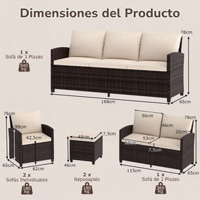 Conjunto de 6 Peças de Mobiliário de Jardim, 2 Sofás, 2 Poltronas e 2 Apoios de Pés, Almofadas Removíveis, Castanho e Bege