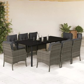 9 pcs conjunto de jantar p/ jardim c/ almofadões vime PE cinza