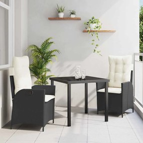 vidaXL Conjunto de Jantar de Jardim de 3 Peças com Almofadas Rattan PE Preto