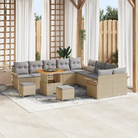 Conjunto de Sofás de Jardim de 13 Peças com Almofadas Bege Vime Acácia