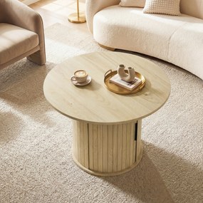 Mesa de centro redonda 80L x 80P x 50A cm, mesa de sala com espaço de arrumação, porta de correr com ripas, 2 prateleiras, efeito de madeira natural