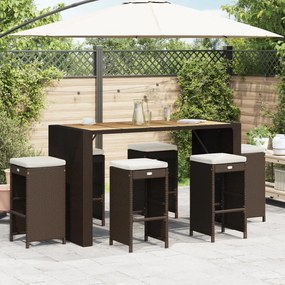 Bancos de bar para jardim com almofadões 6 pcs vime PE castanho
