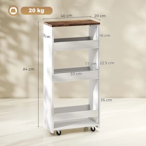 Carrinho de Cozinha Estreito de 3 Níveis com Rodas para Espaços Reduzidos, Sala de Jantar ou Sala, Branco