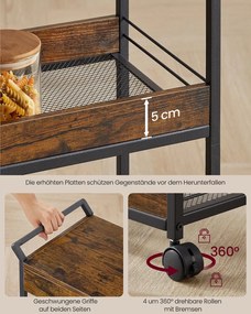 Carrinho de cozinha com 4 prateleiras e rodas 30 x 46,2 x 96,1 cm Castanho vintage + Preto