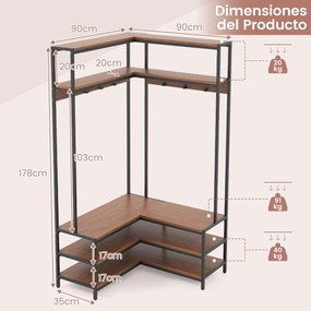 Guarda roupa aberto, móvel entrada de canto com prateleiras abertas e ganchos Banco para sapatos Estrutura metálica sólida 90 x 90 x 178 cm Cor Noguei