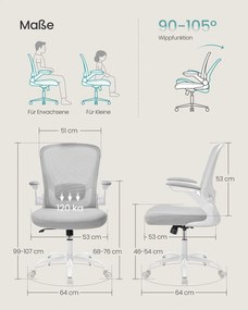 Cadeira de escritório ergonómica com malha e assento de 53 cm, cinzento claro