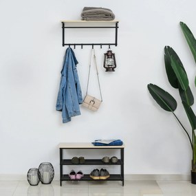 HOMCOM Conjunto de sapateira e cabide com 6 ganchos e plataforma 75x30x45 cm Preto e madeira