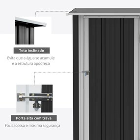 Outsunny Abrigo de Jardim 1,07m² 142x84x189cm Abrigo de Jardim de Aço Galvanizado com Porta Fechadura e Orifícios de Drenagem para Armazenamento de Ferramentas Cinza