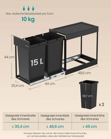 Caixote do lixo com dois compartimentos e sistema de separação de resíduos extraível 48,6 x 25,4 x 44 cm Preto