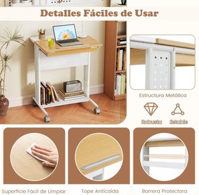 Secretária portátil 60 x 50 x 75-96 cm com rodas e mesa inclinável em 6 posições Compartimento oculto Prateleiras Painéis perfurados em forma de C Nat