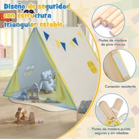 Tenda de brincar infantil com estrutura de madeira, tenda de lona de algodão para teatro infantil interno e externo Bege + Amarelo