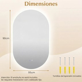 Espelho 90x55 cm ovalado iluminado de parede para casa de banho  retroiluminado LED 3 modos cor ajustável antiembaciamento vidro temperado HD sem mold