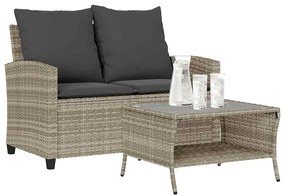 vidaXL Sofá jardim c/ mesa e almofadões 2 lugares vime PE cinza claro