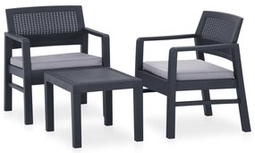 3 pcs conjunto lounge de jardim c/ almofadões plástico cinzento