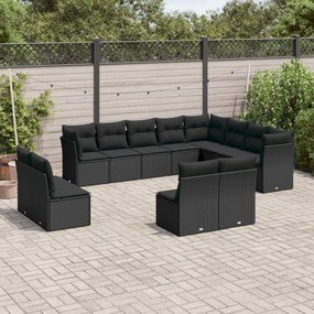 vidaXL 12 pcs conjunto de sofás de jardim c/ almofadões vime PE preto