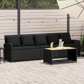 Sofá de jardim 5 lugares com almofadões vime PE preto