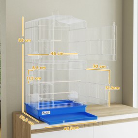 Gaiola para Pássaros Gaiola Metálica com 4 Tigelas de Comida 3 Poleiros Baloiço e Bandeja Removível Pega 46,5x35,5x92 cm Azul