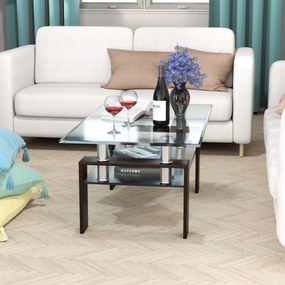 Mesa de centro retangular 99,5 x 59,5 x 44,5 cm com tampo de vidro, pernas metálicas e prateleira Castanho