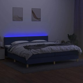 Cama box spring c/ colchão e LED 200x200 cm tecido azul