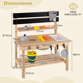 Cozinha de Brincar para Exterior, 80 x 44,5 x 87,5 cm, Tampo Deslizante, Natural