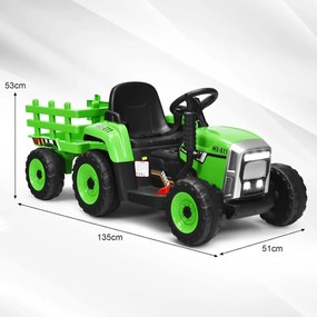 Trator elétrico para crianças 12V com reboque removível e controle remoto com 3 velocidades/luz/música para 3+ anos Carga 30 kg Verde