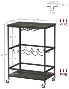 Carrinho de cozinha, bar, Garrafeira com Rodas design industrial 40 x 60 x 82 cm cinzento-preta