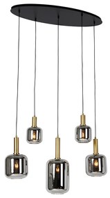 Candeeiro Pendente Inteligente Preto com Dourado e Vidro Fumê Oval 5 Luzes Incl. 5 Zigbee A60 - Zuzanna
