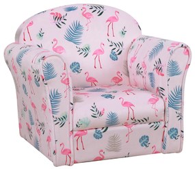 HOMCOM Poltrona para Crianças acima de 3 Anos com Desenhos de Flamingos Estrutura de Madeira e Estofado em Flanela 50x39x44 cm Rosa
