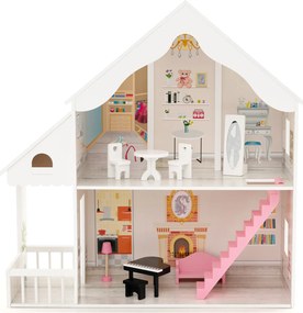 Conjunto de casa de bonecas com 3 andares, 6 cômodos simulados e 15 peças de mobiliário - rosa