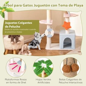 Arranhador para gatos de 180 cm Tema de praia multinível com 2 postes para arranhar Plantas artificiais Brinquedos Multicolorido