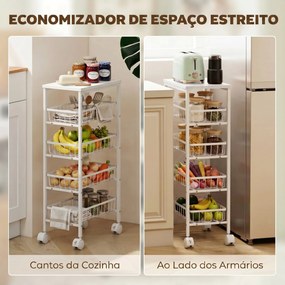 Carrinho Auxiliar com Rodas com 4 Cestos Amovíveis Carga até 15 kg Estrutura Metálica para Sala de Jantar e Casa de Banho 40x24x82 cm Branco