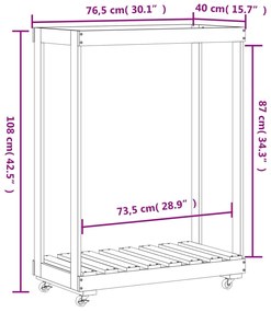 Suporte de lenha c/ rodas 76,5x40x108 cm pinho maciço