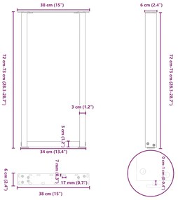 Pés de mesa de console em forma de U, 2 peças, aço natural, 38 x (72-7