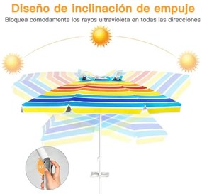Guarda-sol de praia inclinável portátil com porta-copos, saco de transporte e proteção solar UPF50+ para exterior Pátio Piscina 2 x 2,2 m Multicolorid