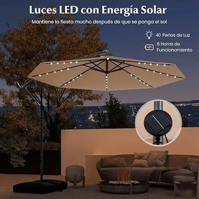 Guarda-sol de jardim Ø 3 m com 40 luzes LED solares, inclinável com manivela, com base saco de areia, proteção UV impermeável, bege
