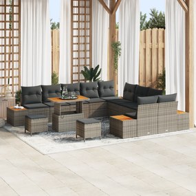 vidaXL Conjunto de Sofá de Jardim com 13 Peças e Almofadas Cinza Rattan Poliéster Acácia