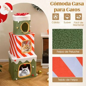 Arranhador de Natal para gatos de interior 49 x 49 x 120 cm com escalada para gatos com 3 casas e cavernas para se esconder Bola pendente verde