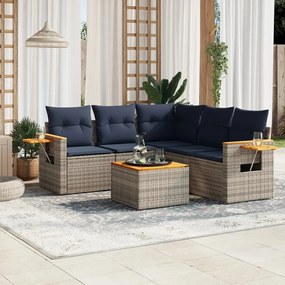 6 pcs conjunto sofás p/ jardim c/ almofadões vime PE cinzento