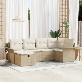 Conjunto de Sofá de Jardim 6 Peças com Almofadas Bege Rattan Poliéster