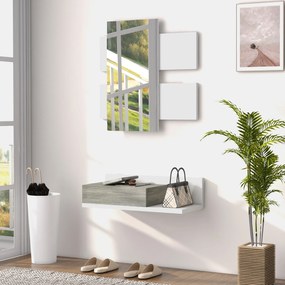 Conjunto de Móveis de Entrada com Espelho e Gaveta Móvel de Entrada Suspenso Moderno 75x4x75 cm e 75x30x20 cm Branco e Cinza