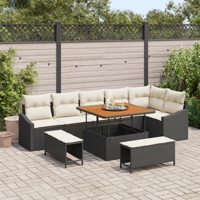 Conjunto de Sofá de 9 Peças para Jardim com Almofadas Preto Polyrattan Acácia
