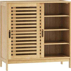 HOMCOM Sapateira de Bambu com 2 Portas de Correr de Ripas Sapateira de Entrada com Prateleiras Ajustáveis para 16 Pares de Sapatos 80x35x80 cm Madeira | Aosom Portugal