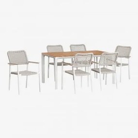 Conjunto De Mesa Retangular Em Alumínio E Madeira De Teca (160x90 Cm) Katiana E 6 Cadeiras Em Alumínio E Corda Trançada Nediam Branco - Sklum