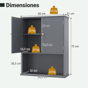 Armário de casa de banho de Parede 60 x 21 x 75 cm com 2 Portas com Prateleira Aberta e Ajustável Cinza