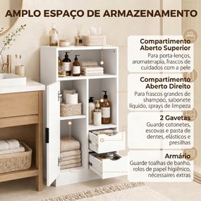 Armário para Casa de Banho com 2 Gavetas, Compartimentos Abertos e Prateleiras Ajustáveis para Espaços Pequenos 50x25x100 cm Branco
