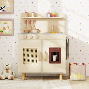 Cozinha infantil de madeira 52 x 31,5 x 73 cm com máquina de gelo realista e armazenamento para crianças com mais de 3 anos Amarela