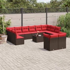 vidaXL 13 pcs conjunto sofás p/ jardim c/ almofadões vime PE castanho