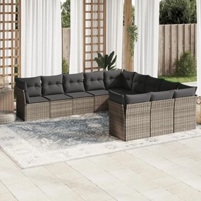 11 pcs conjunto sofás de jardim c/ almofadões vime PE cinzento