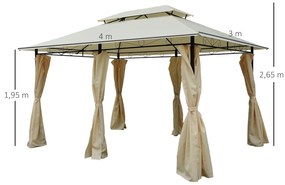 Pérgola de jardim 3x4 m estrutura de aço telhado Duplo 6 Cortinas Laterais 8 Orifícios de Drenagem Boa Ventilação para Festas Eventos Creme